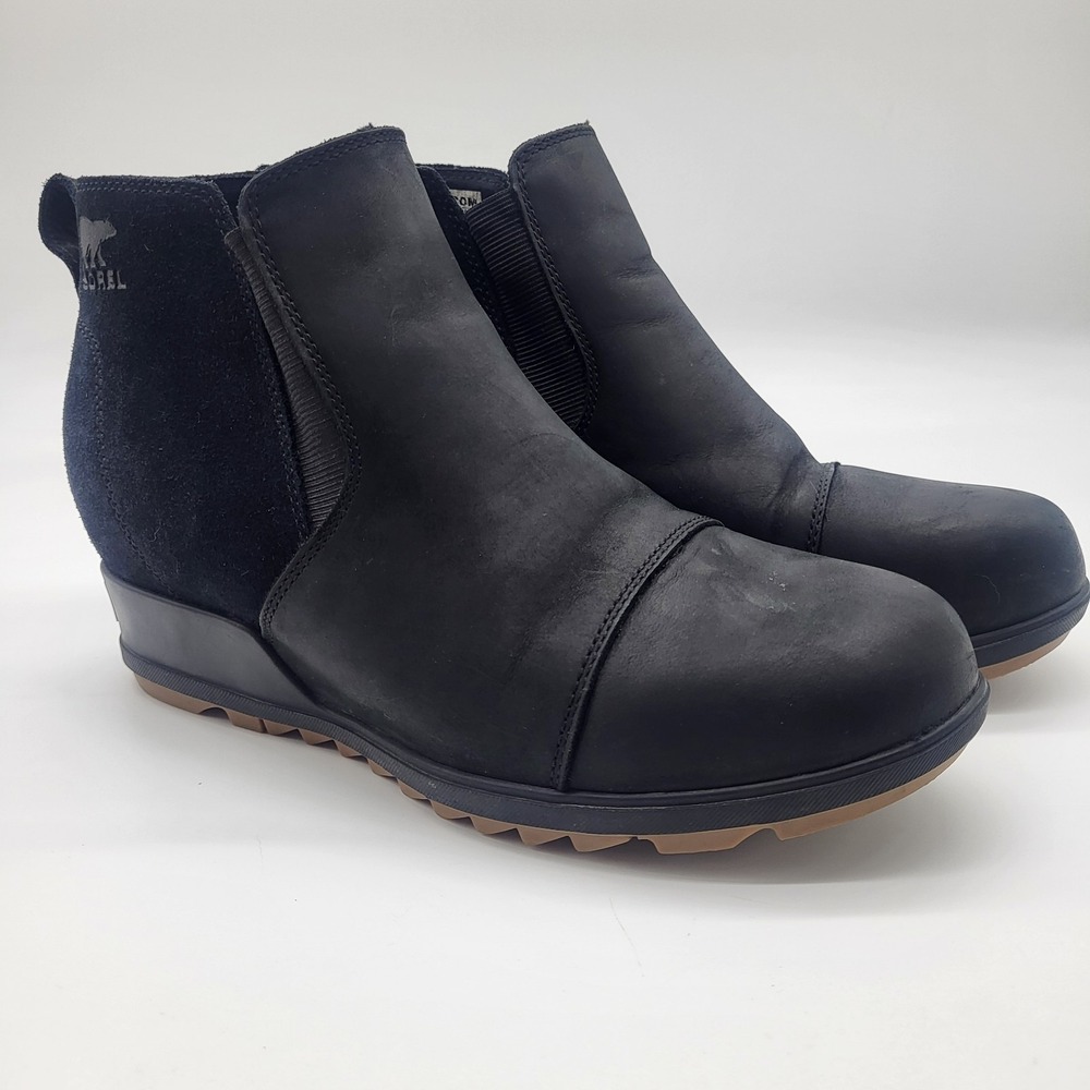 Sorel Evie Black Leather Waterproof Chelsea Wedge Ankle Boots Womens Size 10